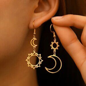 NEW 14K Yellow Gold Sun Moon Bohemian Statement Luxury Drop Earrings